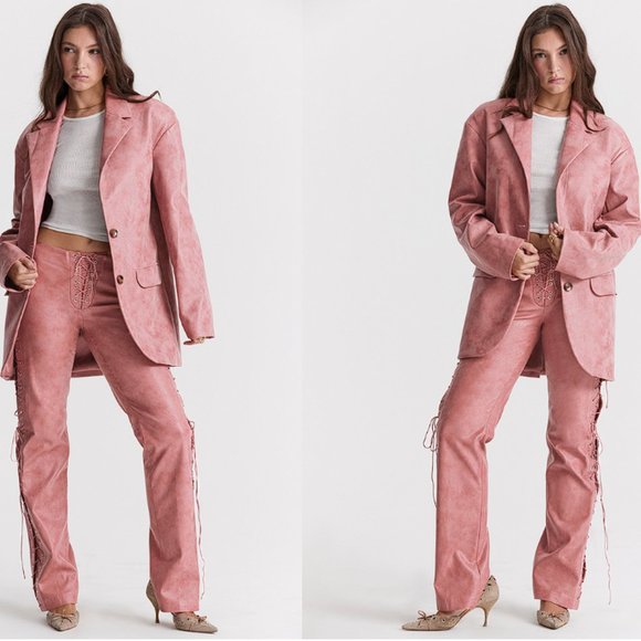 HOUSE OF CB 'Kiera' Warm Pink Vegan Leather Oversized Blazer NWOT - Picture 3 of 9